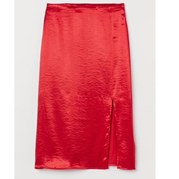 H&M Skirts Hm Red Satin Effect Front Side Slit Skirt Poshmark